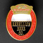 An oval badge with a picture of Marlow bridge and the words Rebellion Beer Co.